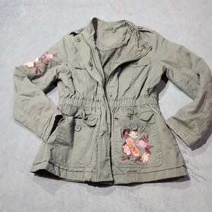 Joujou Jacket Girls M 10/12 Olive Green Floral Embroidered Utility Field Coat